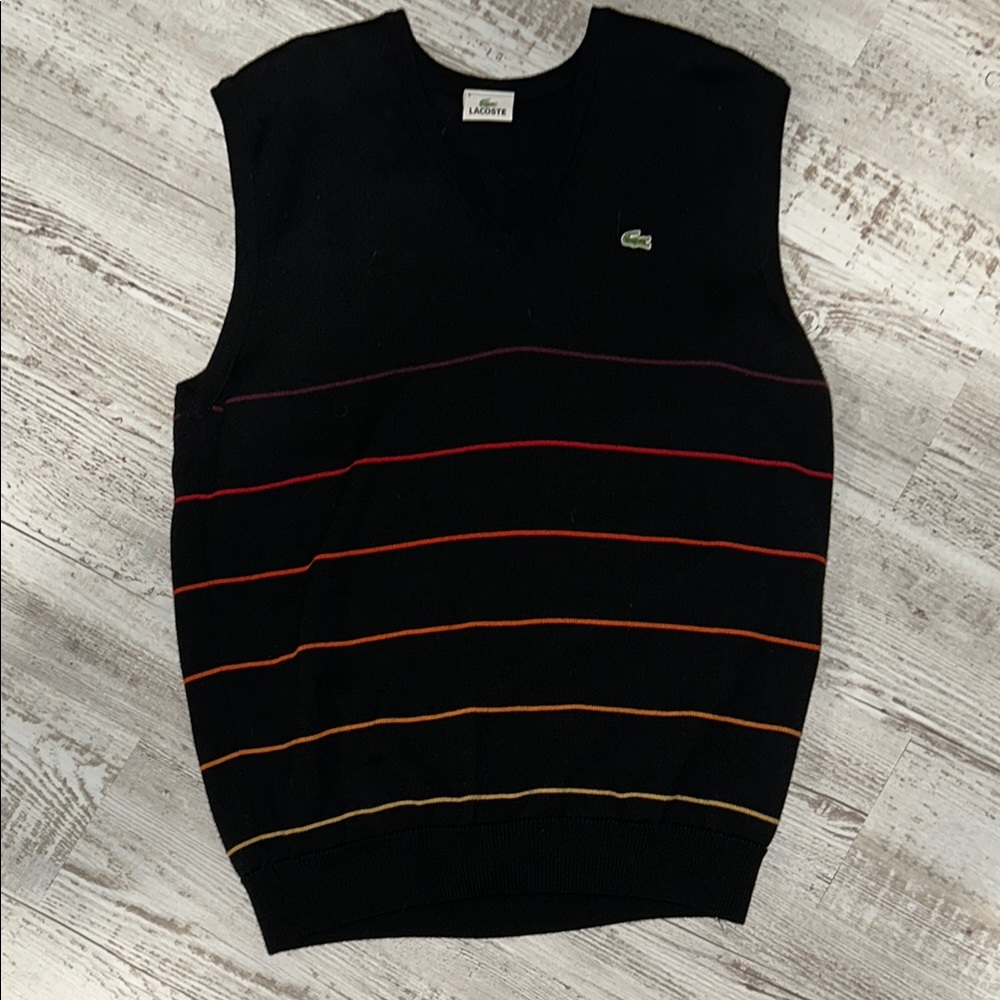 Lacoste Men's Black Sweater Vest with Multicolor Stripes